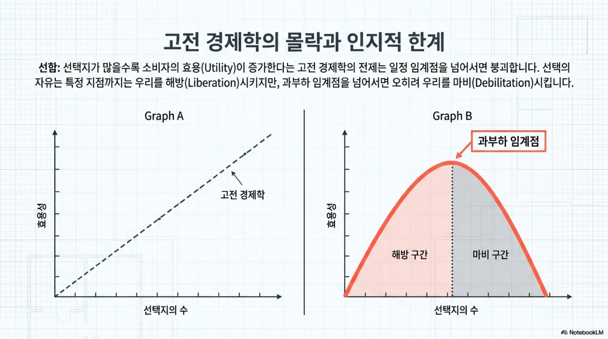 고전 경제학의 몰락과 인지적 한계 슬라이드. 선택지가 많을수록 소비자의 효용이 증가한다는 고전 경제학의 전제는 일정 임계점을 넘어서면 붕괴하며, 선택의 자유는 특정 지점까지는 해방(Liberation)시키지만 과부하 임계점을 넘으면 마비(Debilitation)시킨다는 설명. Graph A는 선택지 수에 따라 효용성이 직선으로 오르는 고전 경제학의 가정, Graph B는 효용성이 과부하 임계점까지 오르다 이후 떨어지는 역U자 곡선으로 앞쪽이 해방 구간, 뒤쪽이 마비 구간