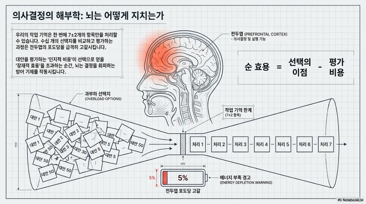 의사결정의 해부학: 뇌는 어떻게 지치는가 슬라이드. 작업 기억은 한 번에 7±2개의 항목만 처리할 수 있고, 수십 개의 선택지를 비교·평가하는 과정은 의사결정과 실행을 맡는 전두엽의 포도당을 급격히 고갈시키며, 대안을 평가하는 인지적 비용이 선택으로 얻을 잠재적 효용을 초과하는 순간 뇌는 결정을 회피하는 방어 기제를 작동시킨다는 설명. 순 효용 = 선택의 이점 - 평가 비용 공식, 대안 1부터 대안 50까지 쌓인 과부하 선택지가 작업 기억 한계(7±2 항목)라는 좁은 관을 지나 처리 1~7로 이어지는 도식, 전두엽 포도당 고갈을 뜻하는 배터리 5% 에너지 부족 경고