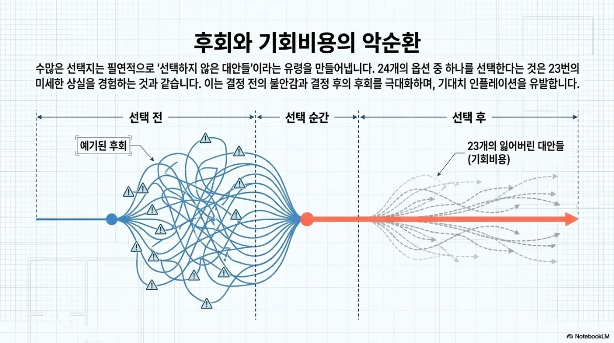 후회와 기회비용의 악순환 슬라이드. 수많은 선택지는 선택하지 않은 대안이라는 유령을 만들어 내며, 24개의 옵션 중 하나를 고르는 것은 23번의 미세한 상실을 경험하는 것과 같고, 이는 결정 전의 불안감과 결정 후의 후회를 키우고 기대치 인플레이션을 유발한다는 설명. 선택 전 구간에는 경고 표시가 붙은 얽힌 선들(예기된 후회), 선택 순간 이후에는 하나의 빨간 화살표와 옆으로 흐려지는 23개의 잃어버린 대안들(기회비용)