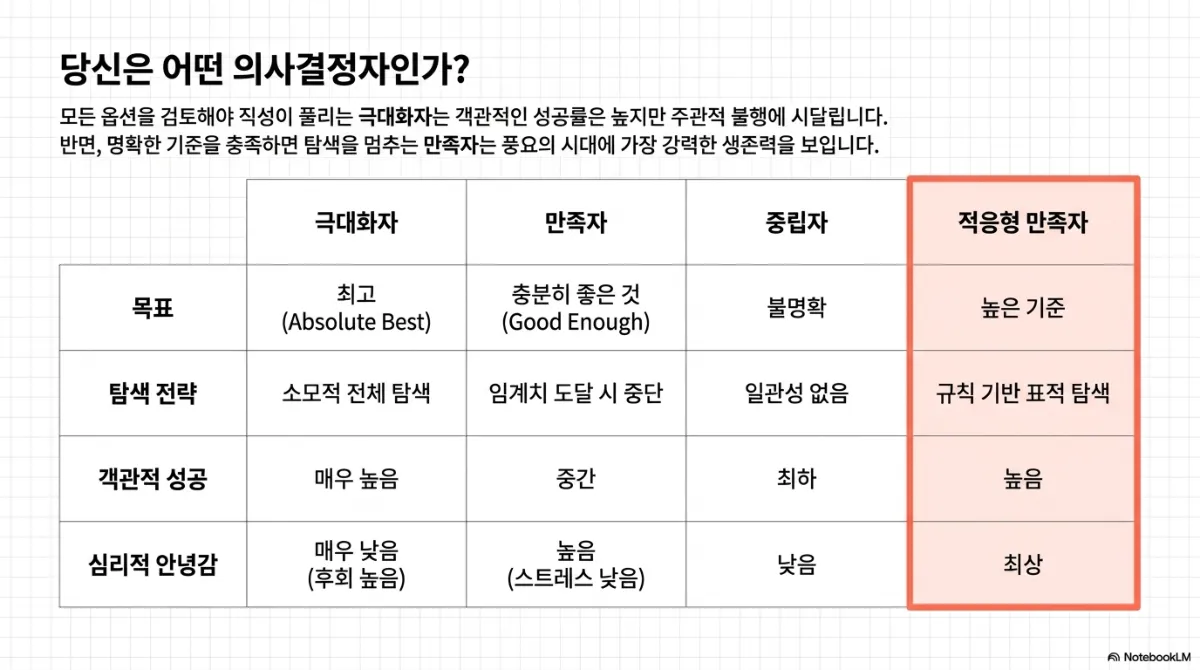 당신은 어떤 의사결정자인가 비교표. 모든 옵션을 검토해야 직성이 풀리는 극대화자는 객관적 성공률은 높지만 주관적 불행에 시달리고, 명확한 기준을 충족하면 탐색을 멈추는 만족자는 풍요의 시대에 가장 강한 생존력을 보인다는 설명. 극대화자는 목표 최고(Absolute Best), 소모적 전체 탐색, 객관적 성공 매우 높음, 심리적 안녕감 매우 낮음(후회 높음). 만족자는 충분히 좋은 것(Good Enough), 임계치 도달 시 중단, 객관적 성공 중간, 안녕감 높음(스트레스 낮음). 중립자는 목표 불명확, 일관성 없음, 성공 최하, 안녕감 낮음. 강조된 적응형 만족자는 높은 기준, 규칙 기반 표적 탐색, 객관적 성공 높음, 심리적 안녕감 최상