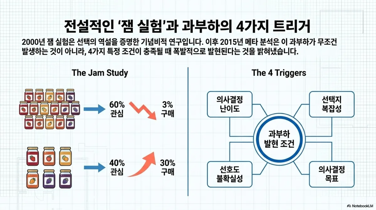 전설적인 잼 실험과 과부하의 4가지 트리거 슬라이드. 2000년 잼 실험은 선택의 역설을 증명한 기념비적 연구이며, 2015년 메타 분석은 과부하가 무조건 발생하는 것이 아니라 4가지 조건이 충족될 때 크게 나타난다는 것을 밝혔다는 설명. 왼쪽 The Jam Study는 많은 종류의 잼 진열대에서 60%가 관심을 보였지만 3%만 구매했고, 적은 종류의 진열대에서는 40%가 관심을 보이고 30%가 구매했다는 비교. 오른쪽 The 4 Triggers는 과부하 발현 조건으로 의사결정 난이도, 선택지 복잡성, 선호도 불확실성, 의사결정 목표 네 가지
