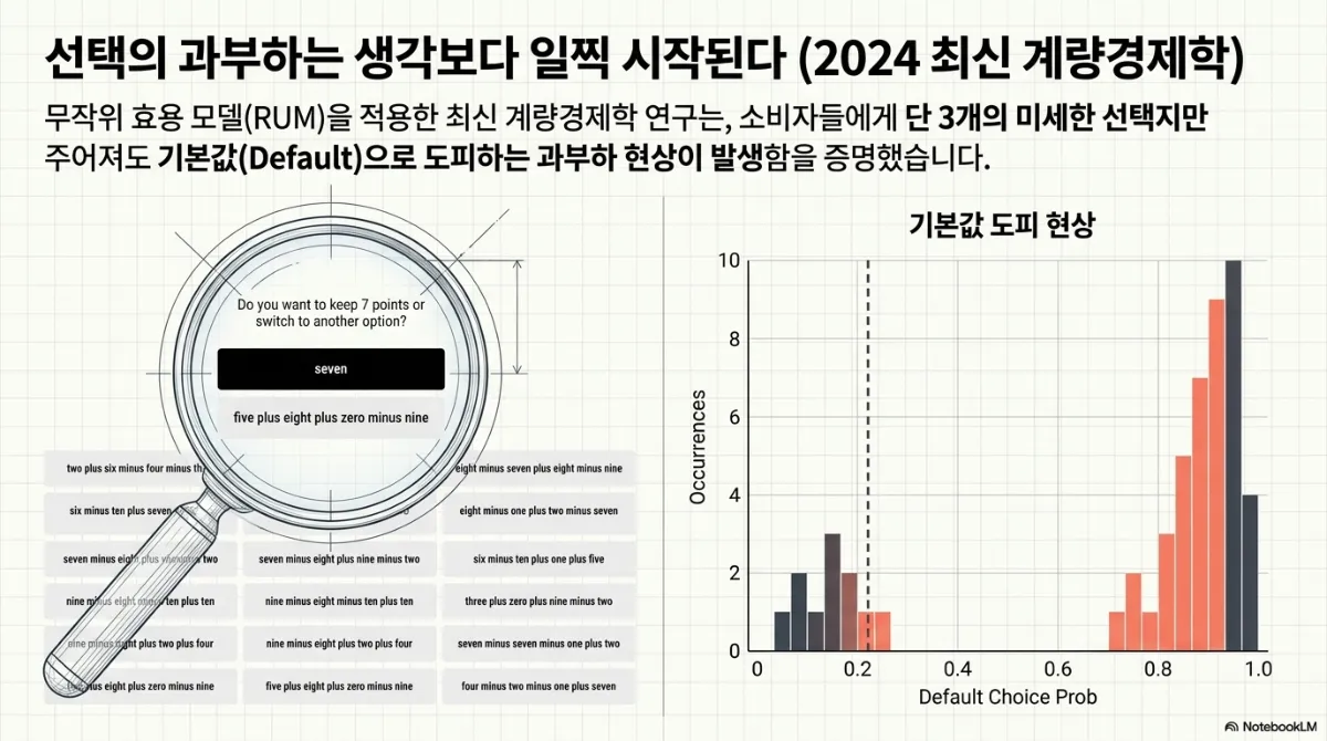 선택의 과부하는 생각보다 일찍 시작된다(2024 최신 계량경제학) 슬라이드. 무작위 효용 모델(RUM)을 적용한 계량경제학 연구는 소비자에게 단 3개의 미세한 선택지만 주어져도 기본값(Default)으로 도피하는 과부하 현상이 발생함을 보였다는 설명. 왼쪽은 "7점을 유지할지 다른 옵션으로 바꿀지" 묻는 화면에서 seven 버튼과 계산식 형태의 대안들이 돋보기 아래 놓인 실험 화면, 오른쪽은 기본값 선택 확률 분포 히스토그램으로 다수의 응답이 0.8~1.0 구간에 몰린 기본값 도피 현상