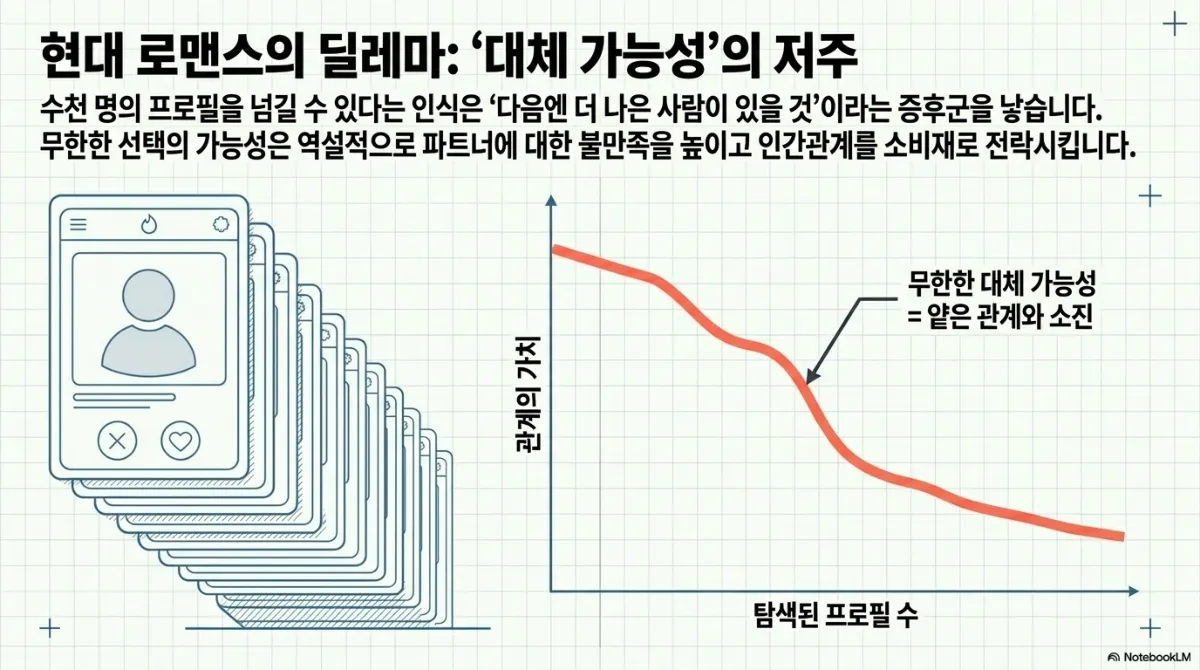 현대 로맨스의 딜레마: 대체 가능성의 저주 슬라이드. 수천 명의 프로필을 넘길 수 있다는 인식은 다음엔 더 나은 사람이 있을 것이라는 증후군을 낳고, 무한한 선택의 가능성은 파트너에 대한 불만족을 높이며 인간관계를 소비재로 만든다는 설명. 겹겹이 쌓인 데이팅 앱 프로필 카드와, 탐색된 프로필 수가 늘수록 관계의 가치가 떨어지는 하강 곡선(무한한 대체 가능성 = 얕은 관계와 소진)
