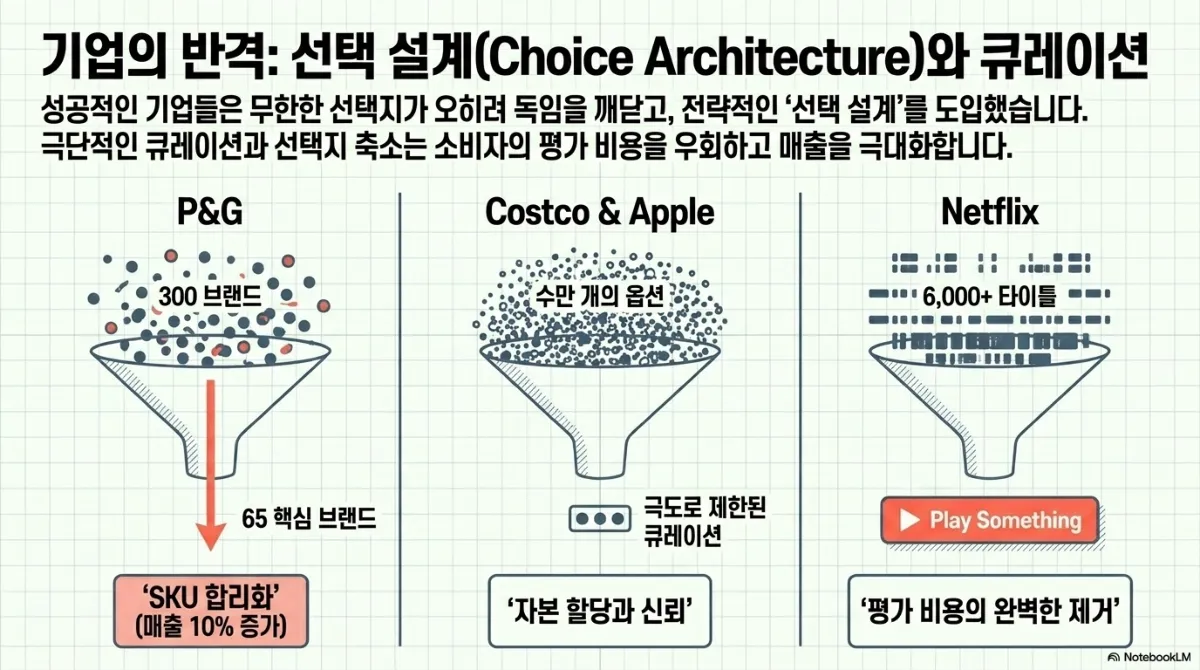 기업의 반격: 선택 설계(Choice Architecture)와 큐레이션 슬라이드. 기업들은 무한한 선택지가 오히려 독이 된다는 것을 깨닫고 전략적인 선택 설계를 도입했으며, 큐레이션과 선택지 축소는 소비자의 평가 비용을 우회하고 매출을 높인다는 설명. P&G는 300개 브랜드를 65개 핵심 브랜드로 줄인 SKU 합리화로 매출 10% 증가, Costco와 Apple은 수만 개의 옵션 대신 극도로 제한된 큐레이션으로 자본 할당과 신뢰를 얻었고, Netflix는 6,000개 이상의 타이틀 앞에 Play Something 버튼을 두어 평가 비용을 제거했다는 세 개의 깔때기 그림