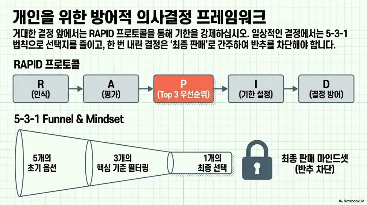 개인을 위한 방어적 의사결정 프레임워크 슬라이드. 큰 결정 앞에서는 RAPID 프로토콜로 기한을 강제하고, 일상적인 결정에서는 5-3-1 법칙으로 선택지를 줄이며, 한 번 내린 결정은 최종 판매로 간주해 반추를 차단해야 한다는 설명. RAPID 프로토콜은 R(인식) → A(평가) → P(Top 3 우선순위) → I(기한 설정) → D(결정 방어) 다섯 단계. 5-3-1 Funnel & Mindset은 5개의 초기 옵션 → 3개의 핵심 기준 필터링 → 1개의 최종 선택으로 좁아지는 깔때기와 자물쇠 그림의 최종 판매 마인드셋(반추 차단)