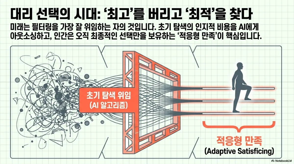 대리 선택의 시대: 최고를 버리고 최적을 찾다 슬라이드. 미래는 필터링을 가장 잘 위임하는 사람의 것이며, 초기 탐색의 인지적 비용을 AI에게 맡기고 인간은 최종 선택만 보유하는 적응형 만족이 핵심이라는 설명. 왼쪽의 엉킨 선 덩어리가 초기 탐색 위임(AI 알고리즘)이라는 빨간 격자 필터를 지나 세 갈래의 정돈된 선이 되고, 사람이 그 위를 걸어 올라가는 그림과 적응형 만족(Adaptive Satisficing) 표기