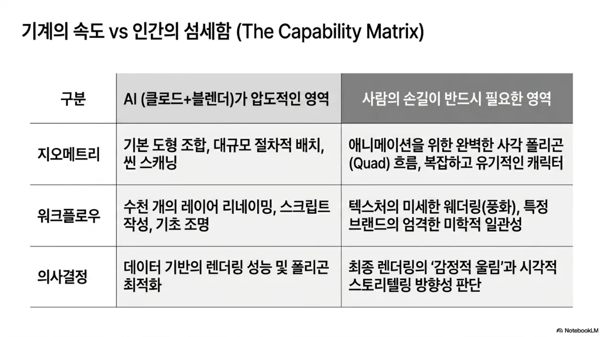 기계의 속도 vs 인간의 섬세함(The Capability Matrix) 비교표. 지오메트리 — AI(클로드+블렌더)가 압도적인 영역은 기본 도형 조합, 대규모 절차적 배치, 씬 스캐닝이고 사람의 손길이 반드시 필요한 영역은 애니메이션을 위한 완벽한 사각 폴리곤(Quad) 흐름, 복잡하고 유기적인 캐릭터. 워크플로우 — AI는 수천 개의 레이어 리네이밍, 스크립트 작성, 기초 조명, 사람은 텍스처의 미세한 웨더링(풍화), 특정 브랜드의 엄격한 미학적 일관성. 의사결정 — AI는 데이터 기반의 렌더링 성능 및 폴리곤 최적화, 사람은 최종 렌더링의 감정적 울림과 시각적 스토리텔링 방향성 판단