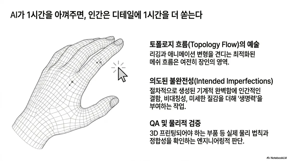 AI가 1시간을 아껴주면, 인간은 디테일에 1시간을 더 쏟는다 슬라이드. 와이어프레임 손 모델과 마우스 커서 그림. 토폴로지 흐름(Topology Flow)의 예술 — 리깅과 애니메이션 변형을 견디는 최적화된 메쉬 흐름은 여전히 장인의 영역. 의도된 불완전성(Intended Imperfections) — 절차적으로 생성된 기계적 완벽함에 인간적인 결함, 비대칭성, 미세한 질감을 더해 생명력을 부여하는 작업. QA 및 물리적 검증 — 3D 프린팅되어야 하는 부품 등 실제 물리 법칙과의 정합성을 확인하는 엔지니어링적 판단