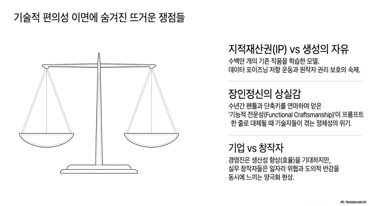 기술적 편의성 이면에 숨겨진 뜨거운 쟁점들 슬라이드. 저울 그림과 세 가지 쟁점. 지적재산권(IP) vs 생성의 자유 — 수백만 개의 기존 작품을 학습한 모델, 데이터 포이즈닝 저항 운동과 원작자 권리 보호의 숙제. 장인정신의 상실감 — 수년간 펜툴과 단축키를 연마하며 얻은 기능적 전문성(Functional Craftsmanship)이 프롬프트 한 줄로 대체될 때 기술자들이 겪는 정체성의 위기. 기업 vs 창작자 — 경영진은 생산성 향상(효율)을 기대하지만 실무 창작자들은 일자리 위협과 도의적 반감을 동시에 느끼는 양극화 현상