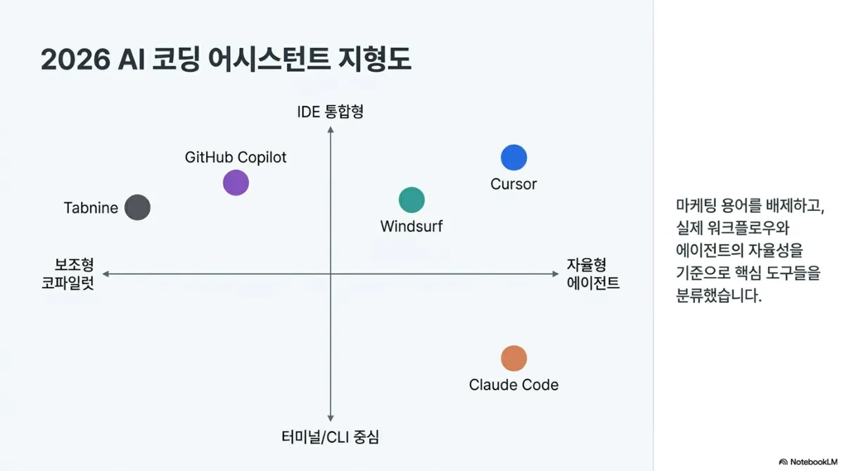 2026 AI 코딩 어시스턴트 지형도 사분면. 가로축은 보조형 코파일럿 ↔ 자율형 에이전트, 세로축은 IDE 통합형 ↔ 터미널/CLI 중심. Tabnine과 GitHub Copilot은 IDE 통합·보조형 쪽, Windsurf는 중앙 약간 오른쪽 위, Cursor는 IDE 통합·자율형 오른쪽 위, Claude Code는 터미널 중심·자율형 오른쪽 아래에 위치. 마케팅 용어를 배제하고 실제 워크플로와 에이전트의 자율성을 기준으로 핵심 도구들을 분류했다는 설명