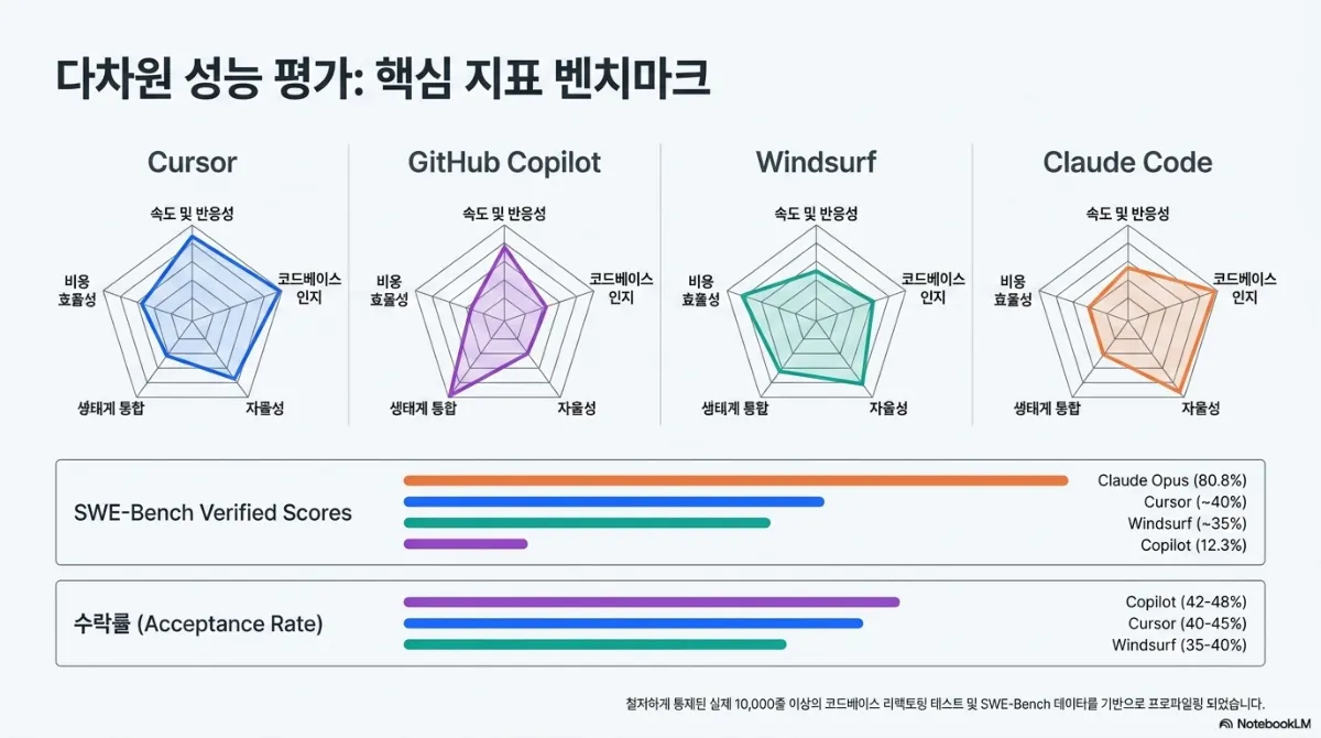 다차원 성능 평가: 핵심 지표 벤치마크. Cursor, GitHub Copilot, Windsurf, Claude Code 네 도구의 오각형 레이더 차트(속도 및 반응성, 코드베이스 인지, 자율성, 생태계 통합, 비용 효율성). Cursor는 속도·코드베이스 인지·자율성이 높고, Copilot은 생태계 통합이 두드러지며, Windsurf는 자율성과 비용 효율성이 고르고, Claude Code는 코드베이스 인지와 자율성이 높음. SWE-Bench Verified 점수는 Claude Opus 80.8%, Cursor 약 40%, Windsurf 약 35%, Copilot 12.3%. 수락률(Acceptance Rate)은 Copilot 4248%, Cursor 4045%, Windsurf 35~40%. 철저하게 통제된 실제 10,000줄 이상의 코드베이스 리팩토링 테스트 및 SWE-Bench 데이터를 기반으로 프로파일링했다는 주석