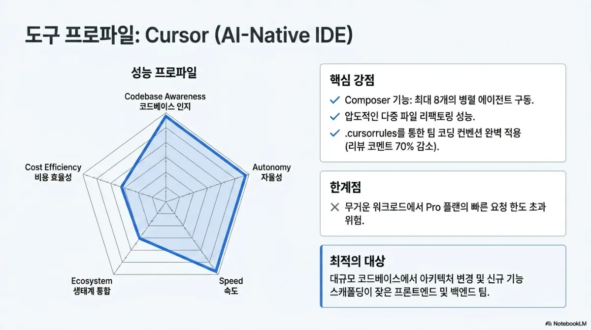 도구 프로파일: Cursor(AI-Native IDE). 레이더 차트는 코드베이스 인지·자율성·속도가 높고 비용 효율성·생태계 통합은 중간 이하. 핵심 강점은 Composer 기능으로 최대 8개의 병렬 에이전트 구동, 압도적인 다중 파일 리팩토링 성능, .cursorrules를 통한 팀 코딩 컨벤션 적용(리뷰 코멘트 70% 감소). 한계점은 무거운 워크로드에서 Pro 플랜의 빠른 요청 한도 초과 위험. 최적의 대상은 대규모 코드베이스에서 아키텍처 변경 및 신규 기능 스캐폴딩이 잦은 프런트엔드 및 백엔드 팀