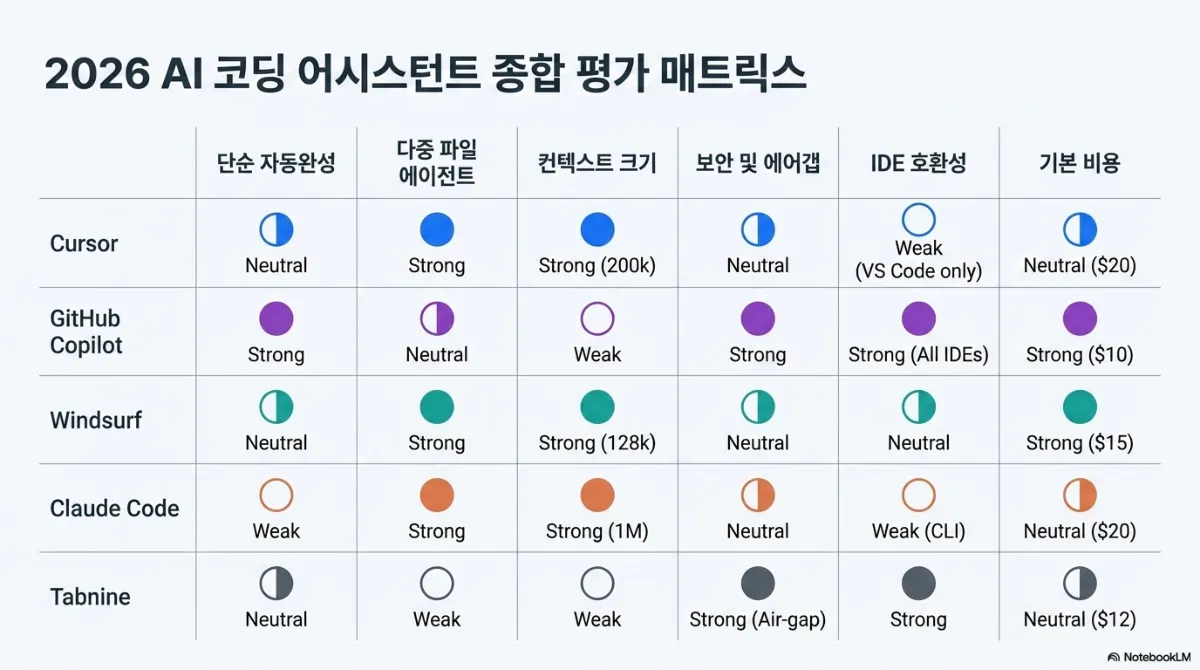 2026 AI 코딩 어시스턴트 종합 평가 매트릭스. 평가 항목은 단순 자동완성, 다중 파일 에이전트, 컨텍스트 크기, 보안 및 에어갭, IDE 호환성, 기본 비용. Cursor는 Neutral, Strong, Strong(200k), Neutral, Weak(VS Code only), Neutral(20달러). GitHub Copilot은 Strong, Neutral, Weak, Strong, Strong(All IDEs), Strong(10달러). Windsurf는 Neutral, Strong, Strong(128k), Neutral, Neutral, Strong(15달러). Claude Code는 Weak, Strong, Strong(1M), Neutral, Weak(CLI), Neutral(20달러). Tabnine은 Neutral, Weak, Weak, Strong(Air-gap), Strong, Neutral(12달러)