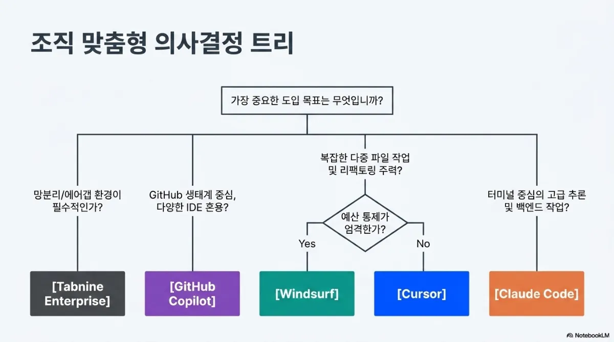 조직 맞춤형 의사결정 트리. 가장 중요한 도입 목표는 무엇인가라는 질문에서 네 갈래로 분기. 망분리/에어갭 환경이 필수적인가 → Tabnine Enterprise. GitHub 생태계 중심, 다양한 IDE 혼용 → GitHub Copilot. 복잡한 다중 파일 작업 및 리팩토링 주력 → 예산 통제가 엄격한가, Yes면 Windsurf, No면 Cursor. 터미널 중심의 고급 추론 및 백엔드 작업 → Claude Code