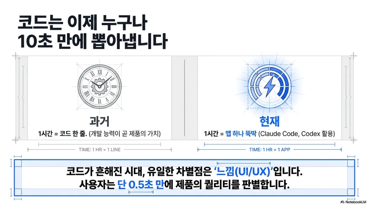 코드는 이제 누구나 10초 만에 뽑아낸다는 슬라이드. 과거는 1시간에 코드 한 줄(개발 능력이 곧 제품의 가치)로 시계 아이콘, 현재는 1시간에 앱 하나 뚝딱(Claude Code, Codex 활용)으로 번개 아이콘. 아래 문구는 코드가 흔해진 시대에 유일한 차별점은 느낌(UI/UX)이며, 사용자는 단 0.5초 만에 제품의 퀄리티를 판별한다는 것