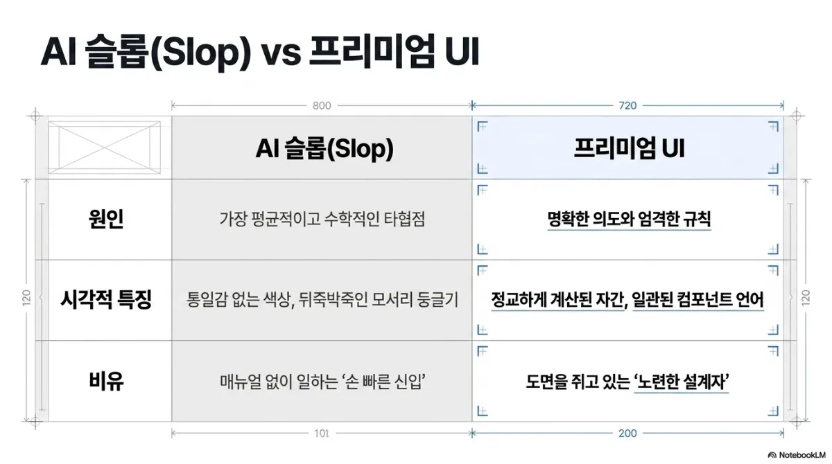 AI 슬롭(Slop) vs 프리미엄 UI 비교표. 원인 — AI 슬롭은 가장 평균적이고 수학적인 타협점, 프리미엄 UI는 명확한 의도와 엄격한 규칙. 시각적 특징 — AI 슬롭은 통일감 없는 색상과 뒤죽박죽인 모서리 둥글기, 프리미엄 UI는 정교하게 계산된 자간과 일관된 컴포넌트 언어. 비유 — AI 슬롭은 매뉴얼 없이 일하는 손 빠른 신입, 프리미엄 UI는 도면을 쥐고 있는 노련한 설계자