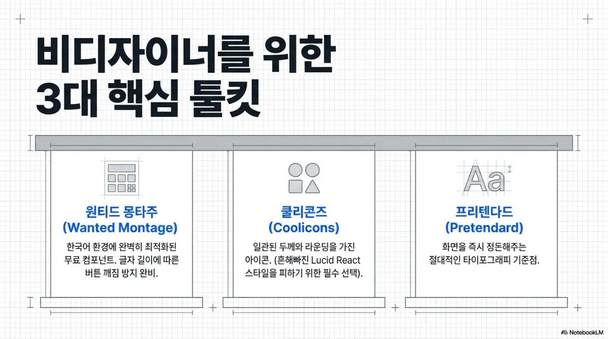 비디자이너를 위한 3대 핵심 툴킷. 원티드 몽타주(Wanted Montage)는 한국어 환경에 최적화된 무료 컴포넌트로 글자 길이에 따른 버튼 깨짐 방지. 쿨리콘즈(Coolicons)는 일관된 두께와 라운딩을 가진 아이콘으로 흔해빠진 Lucide React 스타일을 피하기 위한 선택. 프리텐다드(Pretendard)는 화면을 즉시 정돈해 주는 타이포그래피 기준점