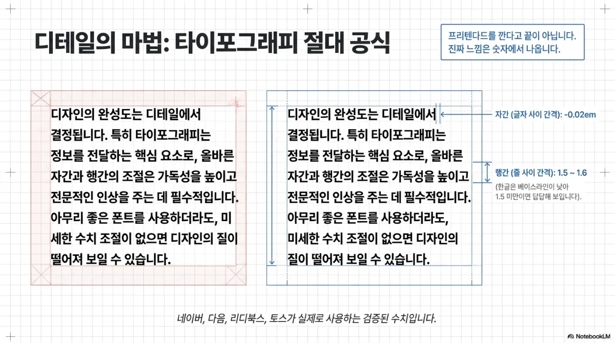 디테일의 마법: 타이포그래피 절대 공식. 같은 문단을 왼쪽은 기본값으로, 오른쪽은 조정된 값으로 나란히 비교. 오른쪽에 자간(글자 사이 간격) -0.02em, 행간(줄 사이 간격) 1.5~1.6(한글은 베이스라인이 낮아 1.5 미만이면 답답해 보임) 표시. 오른쪽 위 주석은 프리텐다드를 깐다고 끝이 아니며 진짜 느낌은 숫자에서 나온다는 것, 아래 주석은 네이버, 다음, 리디북스, 토스가 실제로 사용하는 검증된 수치라는 것