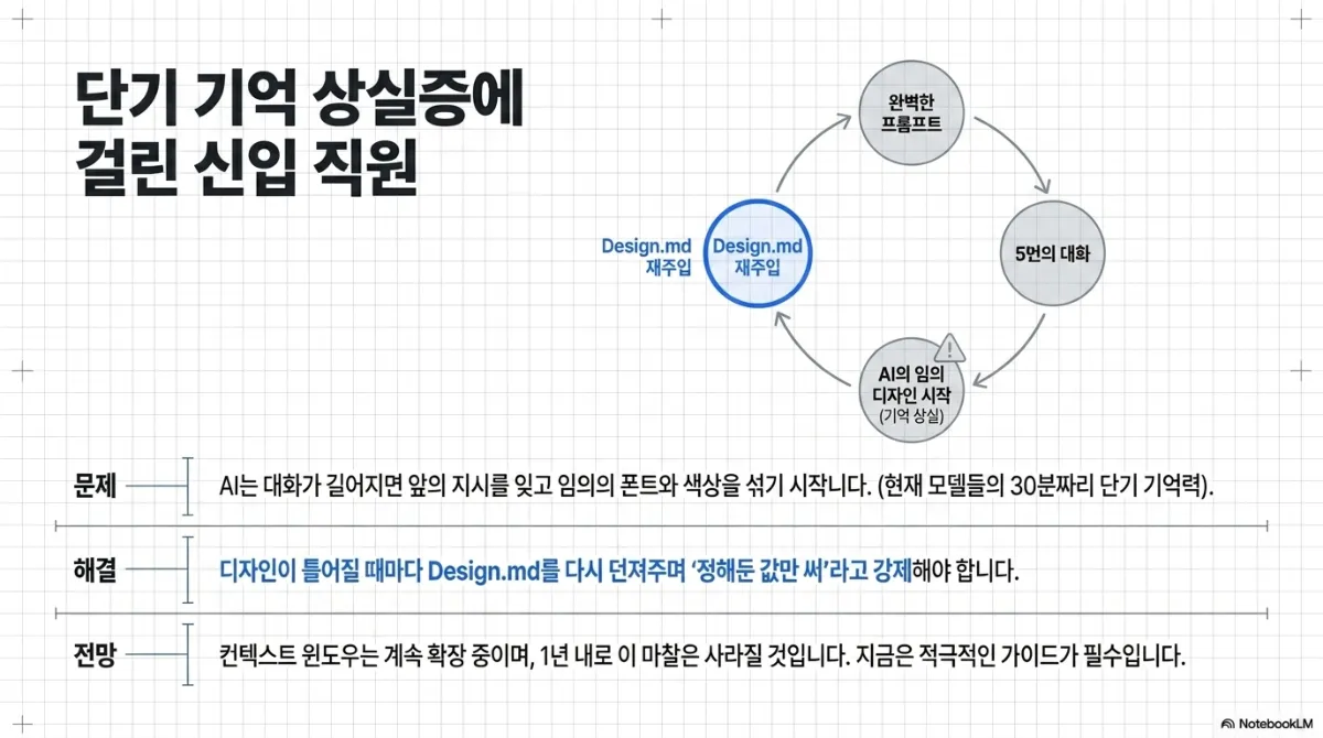 단기 기억 상실증에 걸린 신입 직원 순환 도식. 완벽한 프롬프트 → 5번의 대화 → AI의 임의 디자인 시작(기억 상실) → Design.md 재주입으로 돌아오는 순환. 문제는 AI가 대화가 길어지면 앞의 지시를 잊고 임의의 폰트와 색상을 섞기 시작한다는 것(현재 모델들의 30분짜리 단기 기억력). 해결은 디자인이 틀어질 때마다 Design.md를 다시 던져 주며 정해 둔 값만 쓰라고 강제하는 것. 전망은 컨텍스트 윈도우가 계속 확장 중이며 1년 내로 이 마찰은 사라질 것이나 지금은 적극적인 가이드가 필수라는 것