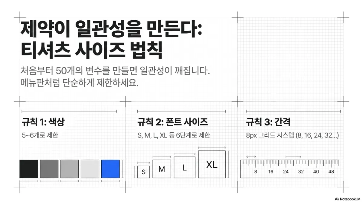 제약이 일관성을 만든다: 티셔츠 사이즈 법칙. 처음부터 50개의 변수를 만들면 일관성이 깨지므로 메뉴판처럼 단순하게 제한하라는 설명. 규칙 1 색상은 5~6개로 제한(검정·회색 계열 네 개와 파랑 하나의 색상 칩). 규칙 2 폰트 사이즈는 S, M, L, XL 등 6단계로 제한(크기가 커지는 네모 상자). 규칙 3 간격은 8px 그리드 시스템(8, 16, 24, 32…)으로 눈금자 그림