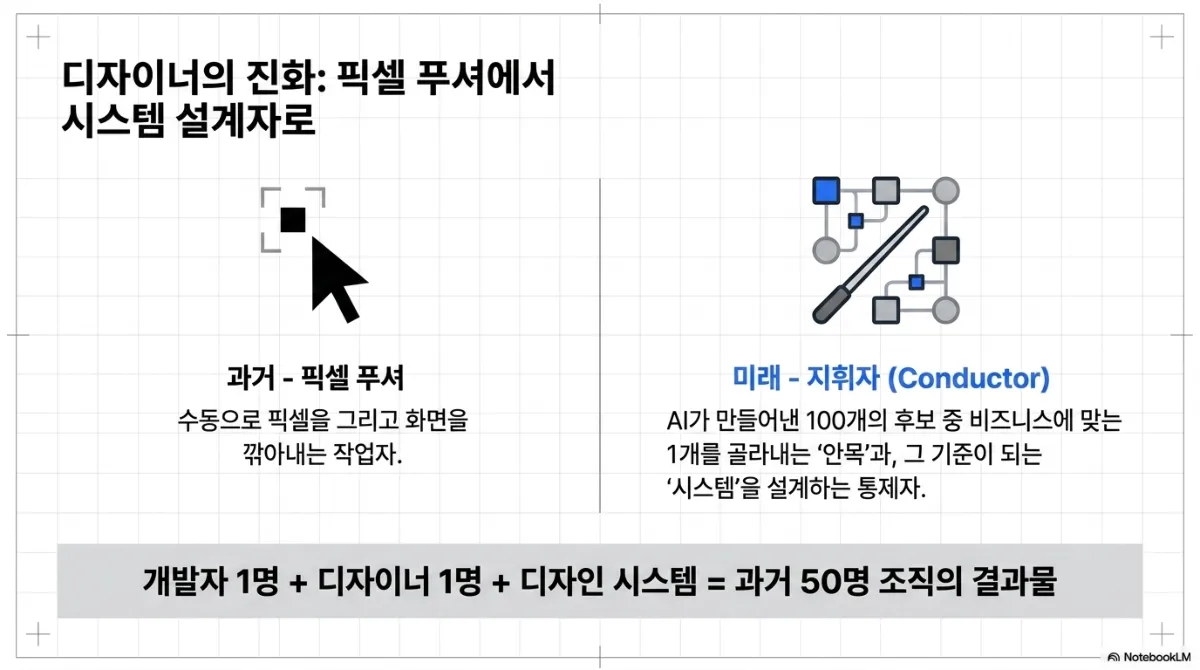 디자이너의 진화: 픽셀 푸셔에서 시스템 설계자로. 과거 픽셀 푸셔는 수동으로 픽셀을 그리고 화면을 깎아 내는 작업자(커서 아이콘). 미래 지휘자(Conductor)는 AI가 만들어 낸 100개의 후보 중 비즈니스에 맞는 1개를 골라내는 안목과 그 기준이 되는 시스템을 설계하는 통제자(지휘봉과 연결된 노드 아이콘). 아래 문구는 개발자 1명 + 디자이너 1명 + 디자인 시스템 = 과거 50명 조직의 결과물이라는 것