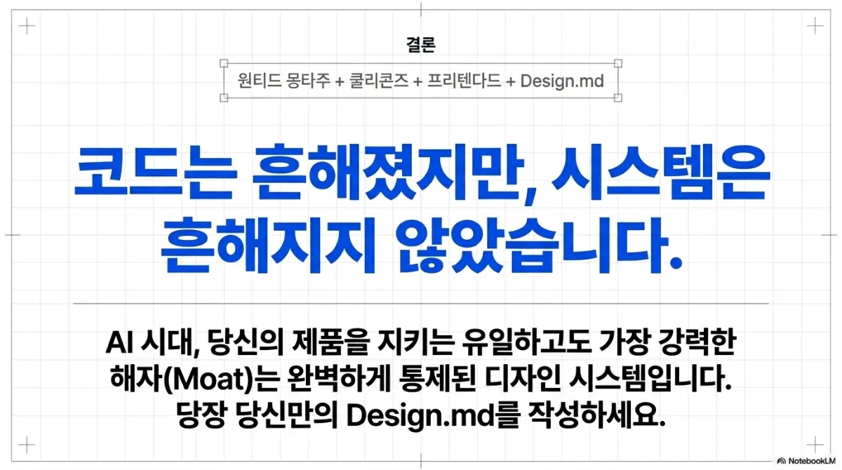 결론 슬라이드. 원티드 몽타주 + 쿨리콘즈 + 프리텐다드 + Design.md. 코드는 흔해졌지만 시스템은 흔해지지 않았다는 큰 문장과 함께, AI 시대에 제품을 지키는 해자(Moat)는 통제된 디자인 시스템이며 당장 자신만의 Design.md를 작성하라는 문구