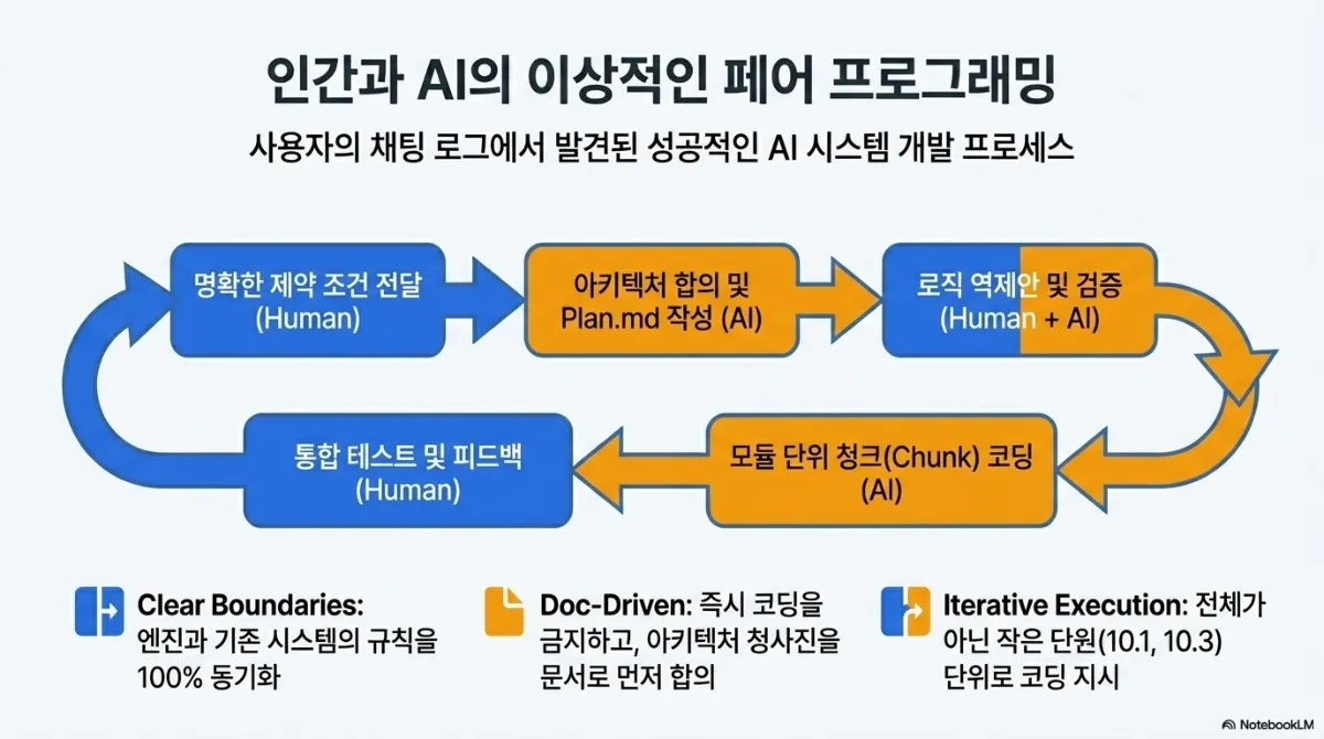 인간과 AI의 이상적인 페어 프로그래밍 순환 도식. 사용자의 채팅 로그에서 발견된 AI 시스템 개발 프로세스로, 명확한 제약 조건 전달(Human) → 아키텍처 합의 및 Plan.md 작성(AI) → 로직 역제안 및 검증(Human + AI) → 모듈 단위 청크 코딩(AI) → 통합 테스트 및 피드백(Human) → 다시 처음으로 돌아가는 루프. 아래 세 원칙은 Clear Boundaries(엔진과 기존 시스템의 규칙을 100% 동기화), Doc-Driven(즉시 코딩을 금지하고 아키텍처 청사진을 문서로 먼저 합의), Iterative Execution(전체가 아닌 작은 단원 10.1, 10.3 단위로 코딩 지시)