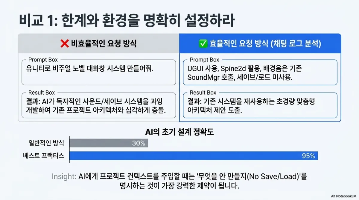비교 1 한계와 환경을 명확히 설정하라 슬라이드. 비효율적인 요청은 "유니티로 비주얼 노벨 대화창 시스템 만들어줘"이고 결과는 AI가 독자적인 사운드/세이브 시스템을 과잉 개발하여 기존 프로젝트 아키텍처와 심각하게 충돌. 효율적인 요청은 "UGUI 사용, Spine2d 활용, 배경음은 기존 SoundMgr 호출, 세이브/로드 미사용"이고 결과는 기존 시스템을 재사용하는 초경량 맞춤형 아키텍처 제안 도출. 아래 막대그래프는 AI의 초기 설계 정확도로 일반적인 방식 30%, 베스트 프랙티스 95%. 인사이트는 AI에게 프로젝트 컨텍스트를 주입할 때는 무엇을 안 만들지(No Save/Load)를 명시하는 것이 가장 강력한 제약이 된다는 것