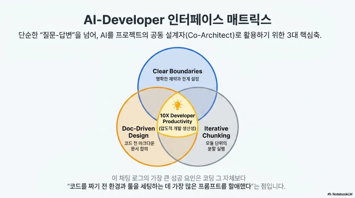 AI-Developer 인터페이스 매트릭스 벤다이어그램. 단순한 질문-답변을 넘어 AI를 프로젝트의 공동 설계자(Co-Architect)로 활용하기 위한 3대 핵심축으로 Clear Boundaries(명확한 제약과 한계 설정), Doc-Driven Design(코드 전 마크다운 문서 합의), Iterative Chunking(모듈 단위의 분할 실행)이 겹치는 가운데에 10X Developer Productivity(압도적 개발 생산성). 아래 문장은 이 채팅 로그의 가장 큰 성공 요인은 코딩 그 자체보다 코드를 짜기 전 환경과 룰을 세팅하는 데 가장 많은 프롬프트를 할애했다는 점