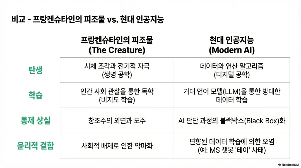 프랑켄슈타인의 피조물과 현대 인공지능 비교표. 탄생은 시체 조각과 전기적 자극(생명 공학) 대 데이터와 연산 알고리즘(디지털 공학). 학습은 인간 사회 관찰을 통한 독학(비지도 학습) 대 거대 언어 모델(LLM)을 통한 방대한 데이터 학습. 통제 상실은 창조주의 외면과 도주 대 AI 판단 과정의 블랙박스화. 윤리적 결함은 사회적 배제로 인한 악마화 대 편향된 데이터 학습에 의한 오염(예: MS 챗봇 테이 사태)