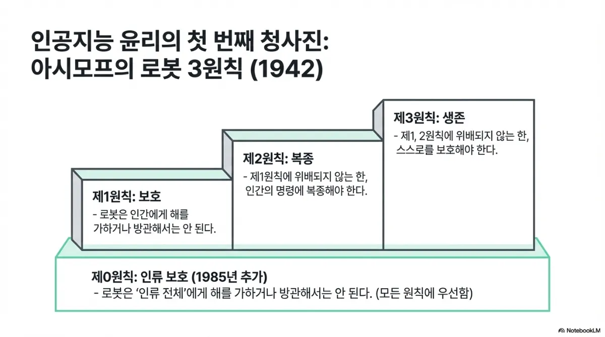 아시모프의 로봇 3원칙 계단 도식. 제1원칙 보호 — 로봇은 인간에게 해를 가하거나 방관해서는 안 된다. 제2원칙 복종 — 제1원칙에 위배되지 않는 한 인간의 명령에 복종해야 한다. 제3원칙 생존 — 제1, 2원칙에 위배되지 않는 한 스스로를 보호해야 한다. 아래 받침대에 1985년 추가된 제0원칙 인류 보호 — 로봇은 인류 전체에게 해를 가하거나 방관해서는 안 되며 모든 원칙에 우선한다