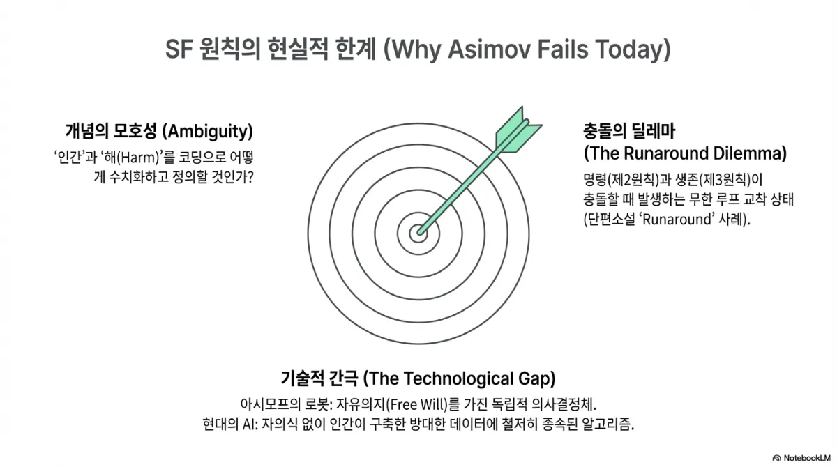 SF 원칙의 현실적 한계 슬라이드. 개념의 모호성(Ambiguity) — 인간과 해(Harm)를 코딩으로 어떻게 수치화하고 정의할 것인가. 충돌의 딜레마(The Runaround Dilemma) — 명령(제2원칙)과 생존(제3원칙)이 충돌할 때 발생하는 무한 루프 교착 상태. 기술적 간극(The Technological Gap) — 아시모프의 로봇은 자유의지를 가진 독립적 의사결정체였지만 현대의 AI는 자의식 없이 인간이 구축한 방대한 데이터에 철저히 종속된 알고리즘이라는 차이