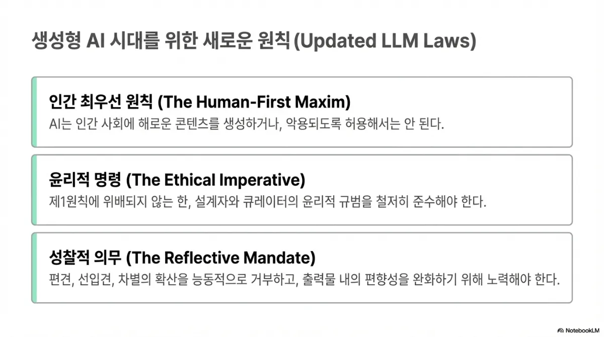 생성형 AI 시대를 위한 새로운 원칙. 인간 최우선 원칙(The Human-First Maxim) — AI는 인간 사회에 해로운 콘텐츠를 생성하거나 악용되도록 허용해서는 안 된다. 윤리적 명령(The Ethical Imperative) — 제1원칙에 위배되지 않는 한 설계자와 큐레이터의 윤리적 규범을 철저히 준수해야 한다. 성찰적 의무(The Reflective Mandate) — 편견, 선입견, 차별의 확산을 능동적으로 거부하고 출력물 내의 편향성을 완화하기 위해 노력해야 한다