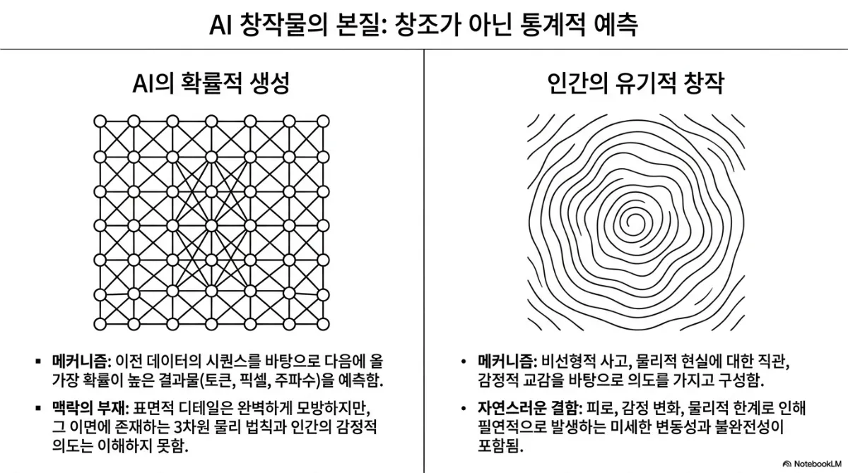 AI 창작물의 본질 창조가 아닌 통계적 예측 슬라이드. 왼쪽 AI의 확률적 생성은 격자형 노드 그물 그림과 함께, 메커니즘은 이전 데이터의 시퀀스를 바탕으로 다음에 올 가장 확률이 높은 결과물(토큰, 픽셀, 주파수)을 예측하는 것이고, 맥락의 부재로 표면적 디테일은 모방하지만 그 이면의 3차원 물리 법칙과 인간의 감정적 의도는 이해하지 못한다는 설명. 오른쪽 인간의 유기적 창작은 나이테 같은 곡선 그림과 함께, 메커니즘은 비선형적 사고·물리적 현실에 대한 직관·감정적 교감을 바탕으로 의도를 가지고 구성하는 것이고, 피로·감정 변화·물리적 한계로 인해 필연적으로 생기는 미세한 변동성과 불완전성이 자연스러운 결함으로 포함된다는 설명