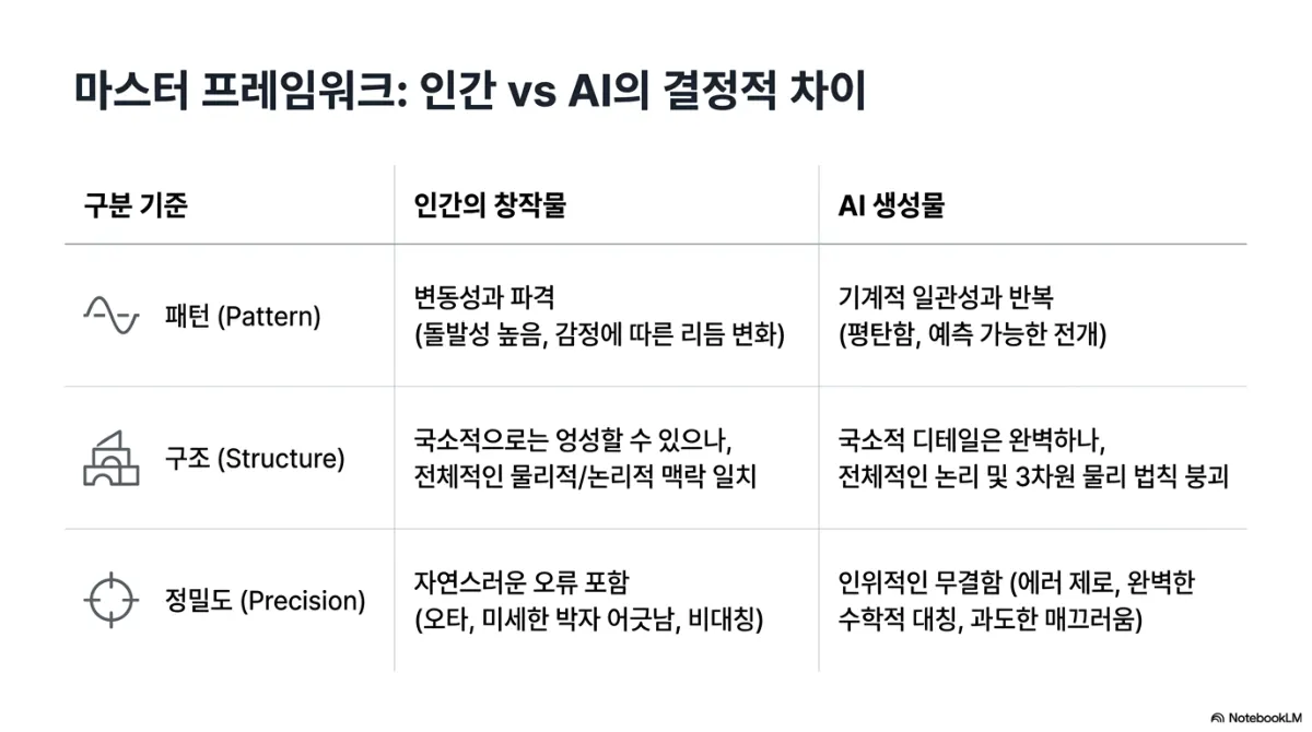 마스터 프레임워크 인간 vs AI의 결정적 차이 표. 패턴(Pattern)에서 인간의 창작물은 변동성과 파격(돌발성 높음, 감정에 따른 리듬 변화), AI 생성물은 기계적 일관성과 반복(평탄함, 예측 가능한 전개). 구조(Structure)에서 인간은 국소적으로는 엉성할 수 있으나 전체적인 물리적·논리적 맥락이 일치하고, AI는 국소적 디테일은 정교하나 전체적인 논리 및 3차원 물리 법칙이 붕괴. 정밀도(Precision)에서 인간은 자연스러운 오류 포함(오타, 미세한 박자 어긋남, 비대칭), AI는 인위적인 무결함(에러 제로, 수학적 대칭, 과도한 매끄러움)