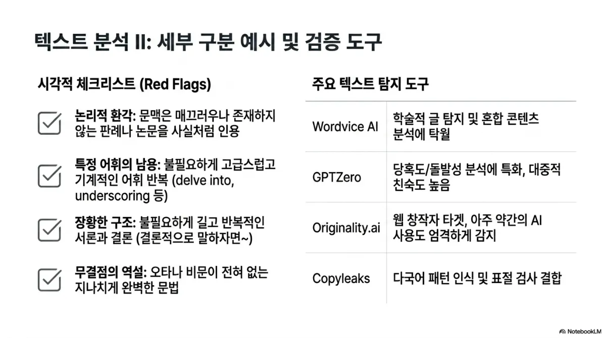 텍스트 분석 II 세부 구분 예시 및 검증 도구 슬라이드. 시각적 체크리스트(Red Flags)는 논리적 환각(문맥은 매끄러우나 존재하지 않는 판례나 논문을 사실처럼 인용), 특정 어휘의 남용(불필요하게 고급스럽고 기계적인 어휘 반복, delve into·underscoring 등), 장황한 구조(불필요하게 길고 반복적인 서론과 결론, 결론적으로 말하자면), 무결점의 역설(오타나 비문이 전혀 없는 지나치게 매끄러운 문법). 주요 텍스트 탐지 도구 표는 Wordvice AI(학술적 글 탐지 및 혼합 콘텐츠 분석), GPTZero(당혹도·돌발성 분석에 특화, 대중적 친숙도 높음), Originality.ai(웹 창작자 대상, 약간의 AI 사용도 엄격하게 감지), Copyleaks(다국어 패턴 인식 및 표절 검사 결합)