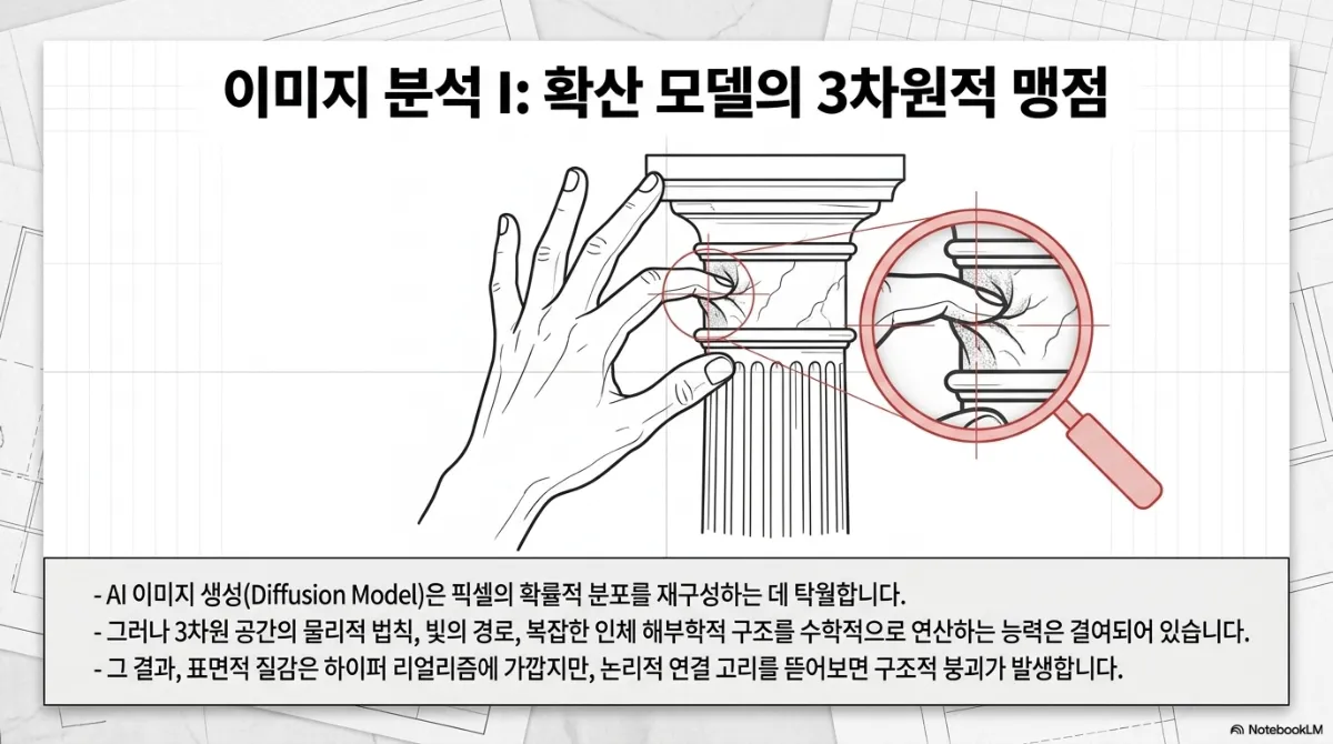이미지 분석 I 확산 모델의 3차원적 맹점 슬라이드. 기둥을 쥔 손이 기둥 장식과 엉켜 녹아든 부분을 돋보기로 확대한 스케치. AI 이미지 생성(Diffusion Model)은 픽셀의 확률적 분포를 재구성하는 데 뛰어나지만, 3차원 공간의 물리적 법칙·빛의 경로·복잡한 인체 해부학적 구조를 수학적으로 연산하는 능력은 결여되어 있어, 표면적 질감은 하이퍼 리얼리즘에 가깝지만 논리적 연결 고리를 뜯어보면 구조적 붕괴가 발생한다는 설명