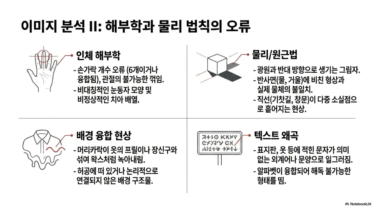 이미지 분석 II 해부학과 물리 법칙의 오류 네 칸 슬라이드. 인체 해부학은 손가락 개수 오류(6개이거나 융합됨), 관절의 불가능한 꺾임, 비대칭적인 눈동자 모양 및 비정상적인 치아 배열. 물리/원근법은 광원과 반대 방향으로 생기는 그림자, 반사면(물, 거울)에 비친 형상과 실제 물체의 불일치, 직선(기찻길, 창문)이 다중 소실점으로 흩어지는 현상. 배경 융합 현상은 머리카락이 옷의 프릴이나 장신구와 섞여 왁스처럼 녹아내림, 허공에 떠 있거나 논리적으로 연결되지 않은 배경 구조물. 텍스트 왜곡은 표지판·옷 등에 적힌 문자가 의미 없는 외계어나 문양으로 일그러지고 알파벳이 융합되어 해독 불가능한 형태를 띰