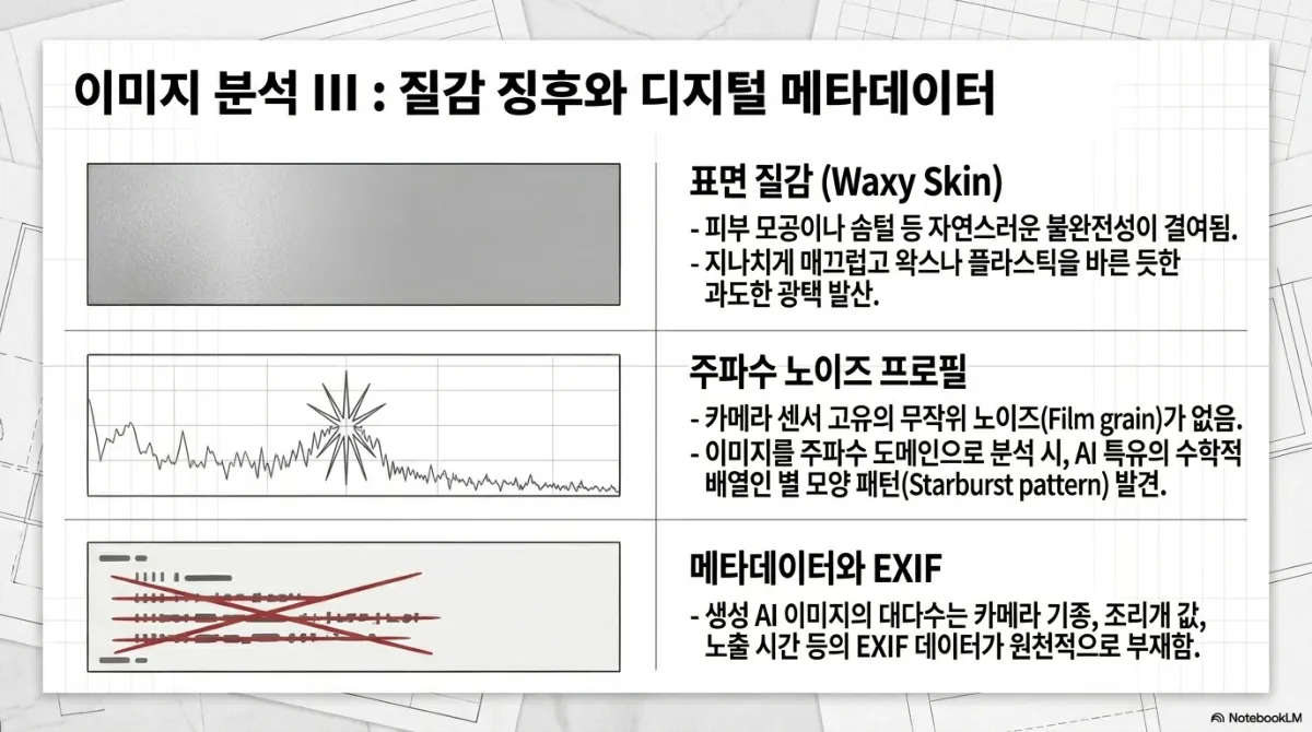 이미지 분석 III 질감 징후와 디지털 메타데이터 슬라이드. 표면 질감(Waxy Skin)은 피부 모공이나 솜털 등 자연스러운 불완전성이 결여되고 왁스나 플라스틱을 바른 듯한 과도한 광택이 난다. 주파수 노이즈 프로필은 카메라 센서 고유의 무작위 노이즈(Film grain)가 없고, 이미지를 주파수 도메인으로 분석하면 AI 특유의 수학적 배열인 별 모양 패턴(Starburst pattern)이 발견된다. 메타데이터와 EXIF는 생성 AI 이미지의 대다수가 카메라 기종, 조리개 값, 노출 시간 등의 EXIF 데이터가 원천적으로 없다는 설명