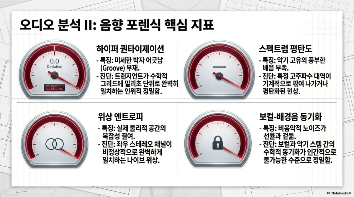 오디오 분석 II 음향 포렌식 핵심 지표 네 개의 계기판 슬라이드. 하이퍼 퀀타이제이션은 미세한 박자 어긋남(Groove) 부재가 특징이며 트랜지언트가 수학적 그리드에 밀리초 단위로 일치하는 인위적 정밀함으로 진단. 스펙트럼 평탄도는 악기 고유의 풍부한 배음 부족이 특징이며 특정 고주파수 대역이 기계적으로 깎여 나가거나 평탄화된 현상으로 진단. 위상 엔트로피는 실제 물리적 공간의 복잡성 결여가 특징이며 좌우 스테레오 채널이 비정상적으로 일치하는 나이브 위상으로 진단. 보컬-배경음 동기화는 비음악적 노이즈가 선율과 겉도는 것이 특징이며 보컬과 악기 스템 간의 수학적 동기화가 인간적으로 불가능한 수준으로 정밀한 것으로 진단