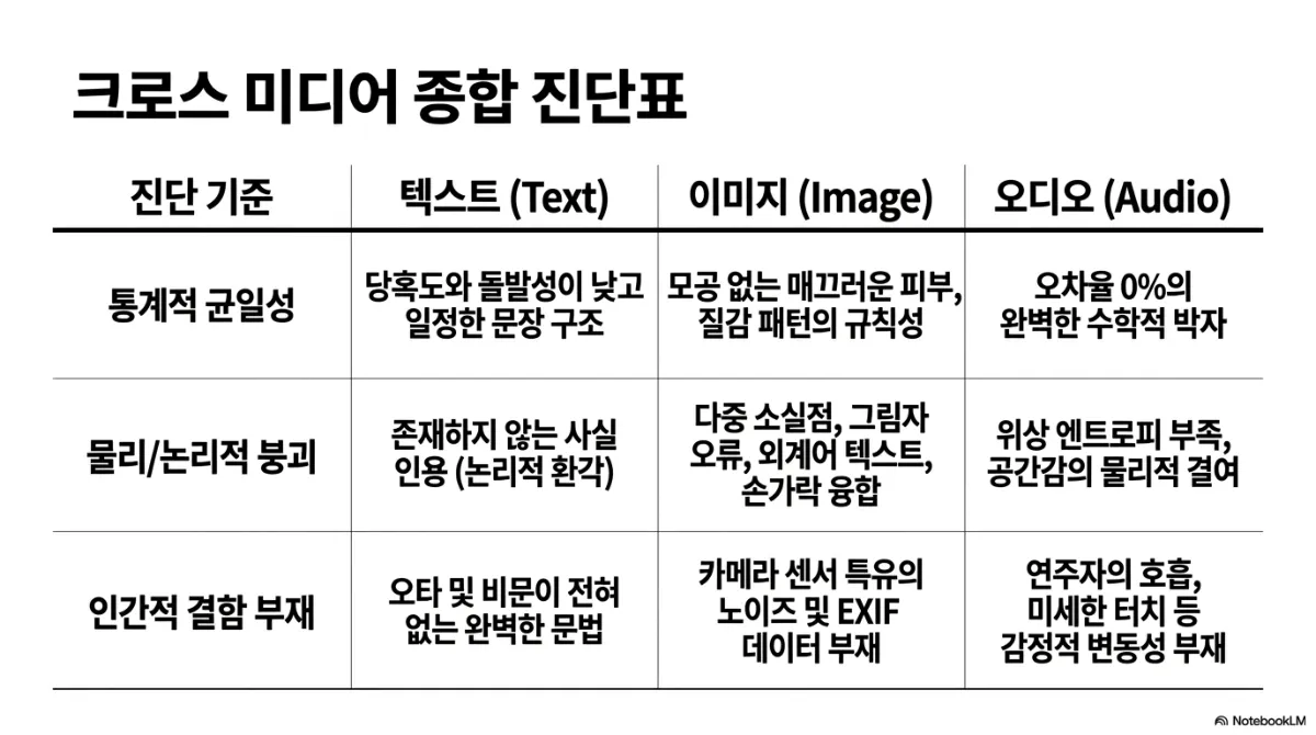 크로스 미디어 종합 진단표. 통계적 균일성 기준에서 텍스트는 당혹도와 돌발성이 낮고 일정한 문장 구조, 이미지는 모공 없는 매끄러운 피부와 질감 패턴의 규칙성, 오디오는 오차율 0%의 수학적 박자. 물리/논리적 붕괴 기준에서 텍스트는 존재하지 않는 사실 인용(논리적 환각), 이미지는 다중 소실점·그림자 오류·외계어 텍스트·손가락 융합, 오디오는 위상 엔트로피 부족과 공간감의 물리적 결여. 인간적 결함 부재 기준에서 텍스트는 오타 및 비문이 전혀 없는 문법, 이미지는 카메라 센서 특유의 노이즈 및 EXIF 데이터 부재, 오디오는 연주자의 호흡·미세한 터치 등 감정적 변동성 부재