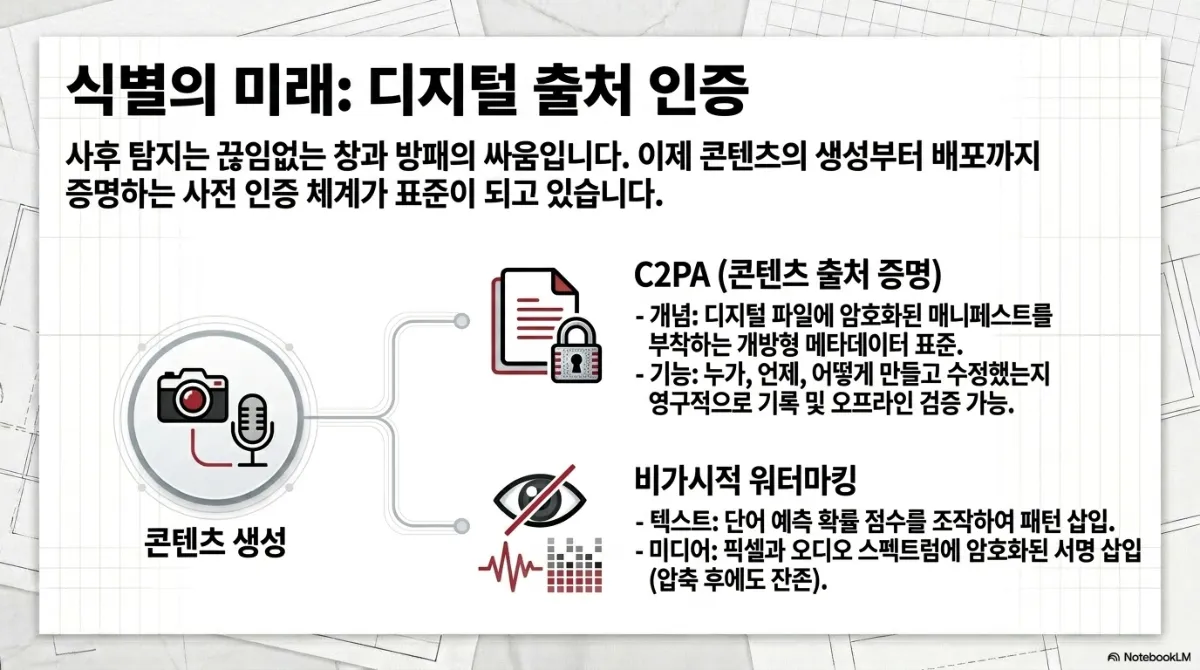 식별의 미래 디지털 출처 인증 슬라이드. 사후 탐지는 끊임없는 창과 방패의 싸움이며, 이제 콘텐츠의 생성부터 배포까지 증명하는 사전 인증 체계가 표준이 되고 있다는 설명. 카메라와 마이크로 표현된 콘텐츠 생성에서 두 갈래로 이어진다. C2PA(콘텐츠 출처 증명)는 디지털 파일에 암호화된 매니페스트를 부착하는 개방형 메타데이터 표준으로 누가·언제·어떻게 만들고 수정했는지 영구적으로 기록하고 오프라인 검증이 가능. 비가시적 워터마킹은 텍스트의 경우 단어 예측 확률 점수를 조작해 패턴을 삽입하고, 미디어의 경우 픽셀과 오디오 스펙트럼에 암호화된 서명을 삽입하며 압축 후에도 남는다는 설명