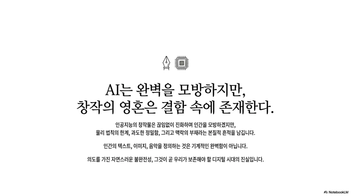 마무리 슬라이드. 펜촉과 칩 아이콘 아래 AI는 완벽을 모방하지만 창작의 영혼은 결함 속에 존재한다는 문장. 인공지능의 창작물은 끊임없이 진화하며 인간을 모방하겠지만 물리 법칙의 한계, 과도한 정밀함, 맥락의 부재라는 본질적 흔적을 남기며, 인간의 텍스트·이미지·음악을 정의하는 것은 기계적인 완벽함이 아니라 의도를 가진 자연스러운 불완전성이라는 결론