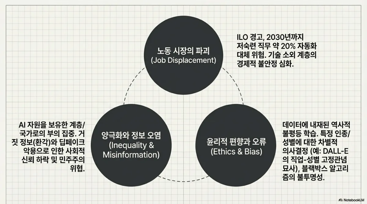 세 가지 구조적 위험 도식. 노동 시장의 파괴(Job Displacement) — ILO 경고로 2030년까지 저숙련 직무 약 20%가 자동화 대체 위험에 놓이며 기술 소외 계층의 경제적 불안정이 심화된다. 양극화와 정보 오염(Inequality & Misinformation) — AI 자원을 보유한 계층·국가로의 부의 집중, 거짓 정보(환각)와 딥페이크 악용으로 인한 사회적 신뢰 하락 및 민주주의 위협. 윤리적 편향과 오류(Ethics & Bias) — 데이터에 내재된 역사적 불평등 학습으로 특정 인종·성별에 대한 차별적 의사결정이 일어나며 블랙박스 알고리즘의 불투명성 문제가 남는다