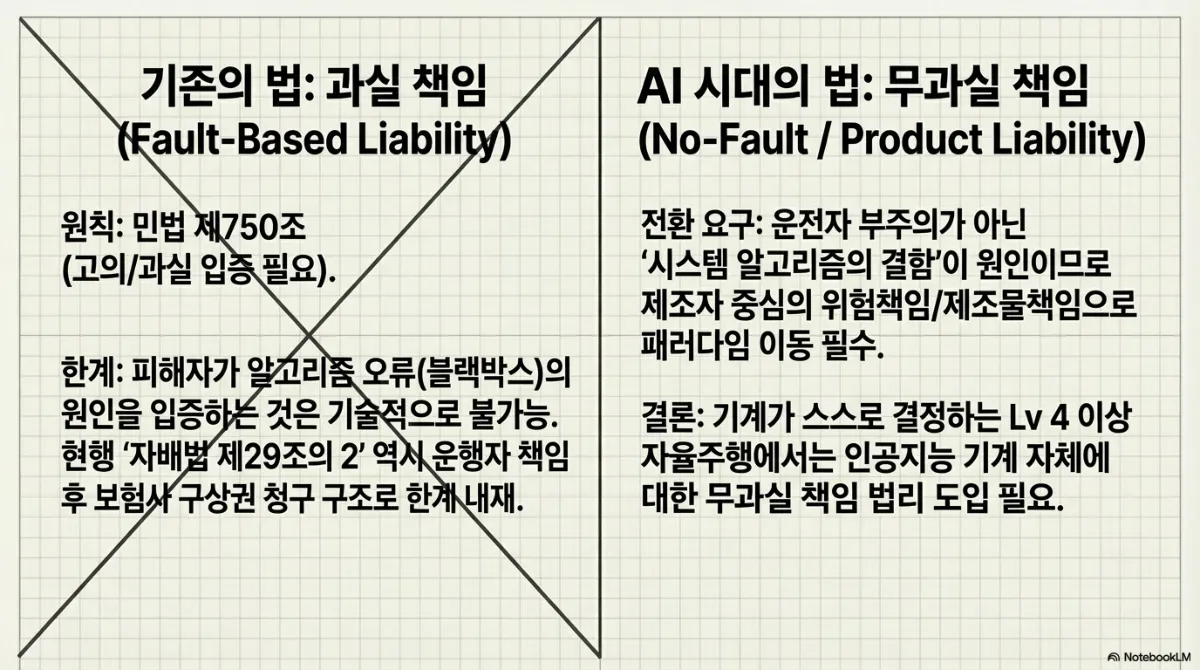 책임 법리 비교 슬라이드. 왼쪽은 X 표시가 된 기존의 법 과실 책임(Fault-Based Liability) — 원칙은 민법 제750조로 고의·과실 입증이 필요하지만, 피해자가 알고리즘 오류(블랙박스)의 원인을 입증하는 것은 기술적으로 불가능하며 현행 자동차손해배상보장법 제29조의2 역시 운행자 책임 후 보험사 구상권 청구 구조로 한계가 있다. 오른쪽은 AI 시대의 법 무과실 책임(No-Fault/Product Liability) — 운전자 부주의가 아닌 시스템 알고리즘의 결함이 원인이므로 제조자 중심의 위험책임·제조물책임으로 패러다임 이동이 필요하며, 기계가 스스로 결정하는 레벨 4 이상 자율주행에서는 인공지능 기계 자체에 대한 무과실 책임 법리 도입이 필요하다는 결론