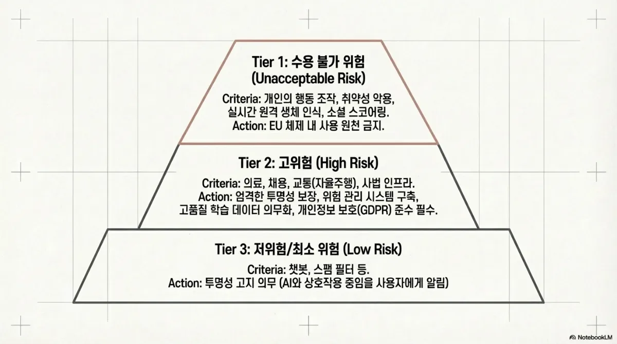 EU AI법의 위험 등급 피라미드. Tier 1 수용 불가 위험(Unacceptable Risk) — 개인의 행동 조작, 취약성 악용, 실시간 원격 생체 인식, 소셜 스코어링이 해당하며 EU 체제 내 사용이 원천 금지된다. Tier 2 고위험(High Risk) — 의료, 채용, 교통(자율주행), 사법 인프라가 해당하며 엄격한 투명성 보장, 위험 관리 시스템 구축, 고품질 학습 데이터 의무화, 개인정보 보호(GDPR) 준수가 필수다. Tier 3 저위험·최소 위험(Low Risk) — 챗봇, 스팸 필터 등이 해당하며 AI와 상호작용 중임을 사용자에게 알리는 투명성 고지 의무가 적용된다