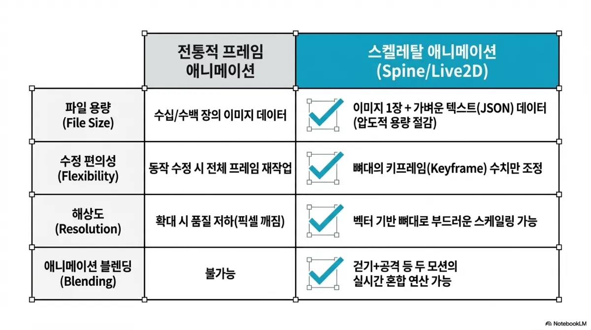 전통적 프레임 애니메이션과 스켈레탈 애니메이션(Spine/Live2D) 비교표. 파일 용량은 수십~수백 장의 이미지 데이터 대 이미지 1장과 가벼운 텍스트(JSON) 데이터로 압도적 절감. 수정 편의성은 동작 수정 시 전체 프레임 재작업 대 뼈대의 키프레임 수치만 조정. 해상도는 확대 시 픽셀 깨짐 대 벡터 기반 뼈대로 부드러운 스케일링 가능. 애니메이션 블렌딩은 불가능 대 걷기와 공격 등 두 모션의 실시간 혼합 연산 가능