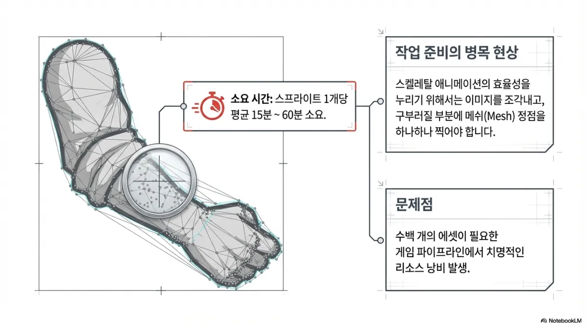 작업 준비의 병목 현상 슬라이드. 메쉬 정점이 촘촘히 찍힌 팔 이미지와 함께, 소요 시간은 스프라이트 1개당 평균 15분에서 60분. 스켈레탈 애니메이션의 효율성을 누리려면 이미지를 조각내고 구부러질 부분에 메쉬 정점을 하나하나 찍어야 하며, 수백 개의 에셋이 필요한 게임 파이프라인에서는 치명적인 리소스 낭비가 발생한다는 설명