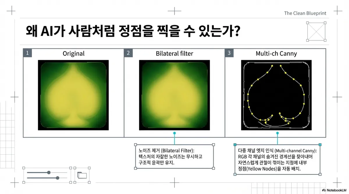 AI가 정점을 찍는 원리 슬라이드. 1 Original 원본 이미지, 2 Bilateral filter 로 텍스처의 자잘한 노이즈는 무시하고 구조적 윤곽만 유지, 3 Multi-channel Canny 로 RGB 각 채널의 숨겨진 경계선을 찾아내어 자연스럽게 관절이 꺾이는 지점에 내부 정점을 자동 배치