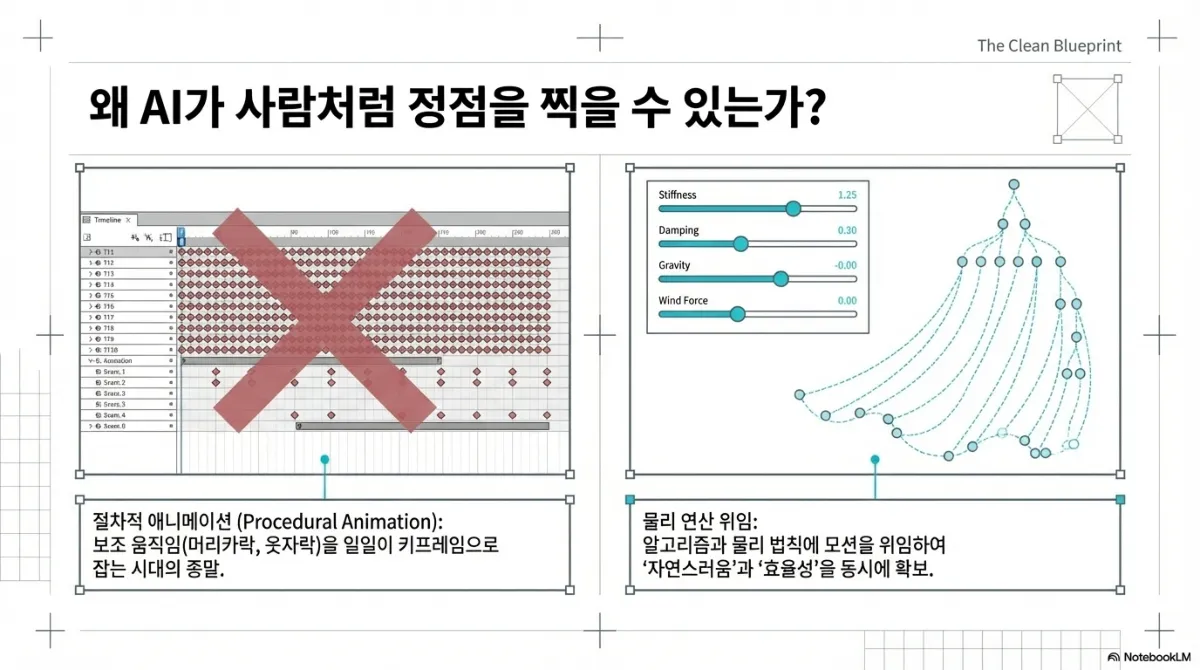 절차적 애니메이션 슬라이드. 왼쪽은 키프레임이 빽빽한 타임라인에 빨간 X 표시와 함께, 보조 움직임(머리카락, 옷자락)을 일일이 키프레임으로 잡는 시대의 종말이라는 설명. 오른쪽은 Stiffness 1.25, Damping 0.30, Gravity, Wind Force 슬라이더와 부드럽게 휘날리는 머리카락 궤적 그림으로, 알고리즘과 물리 법칙에 모션을 위임하여 자연스러움과 효율성을 동시에 확보한다는 설명